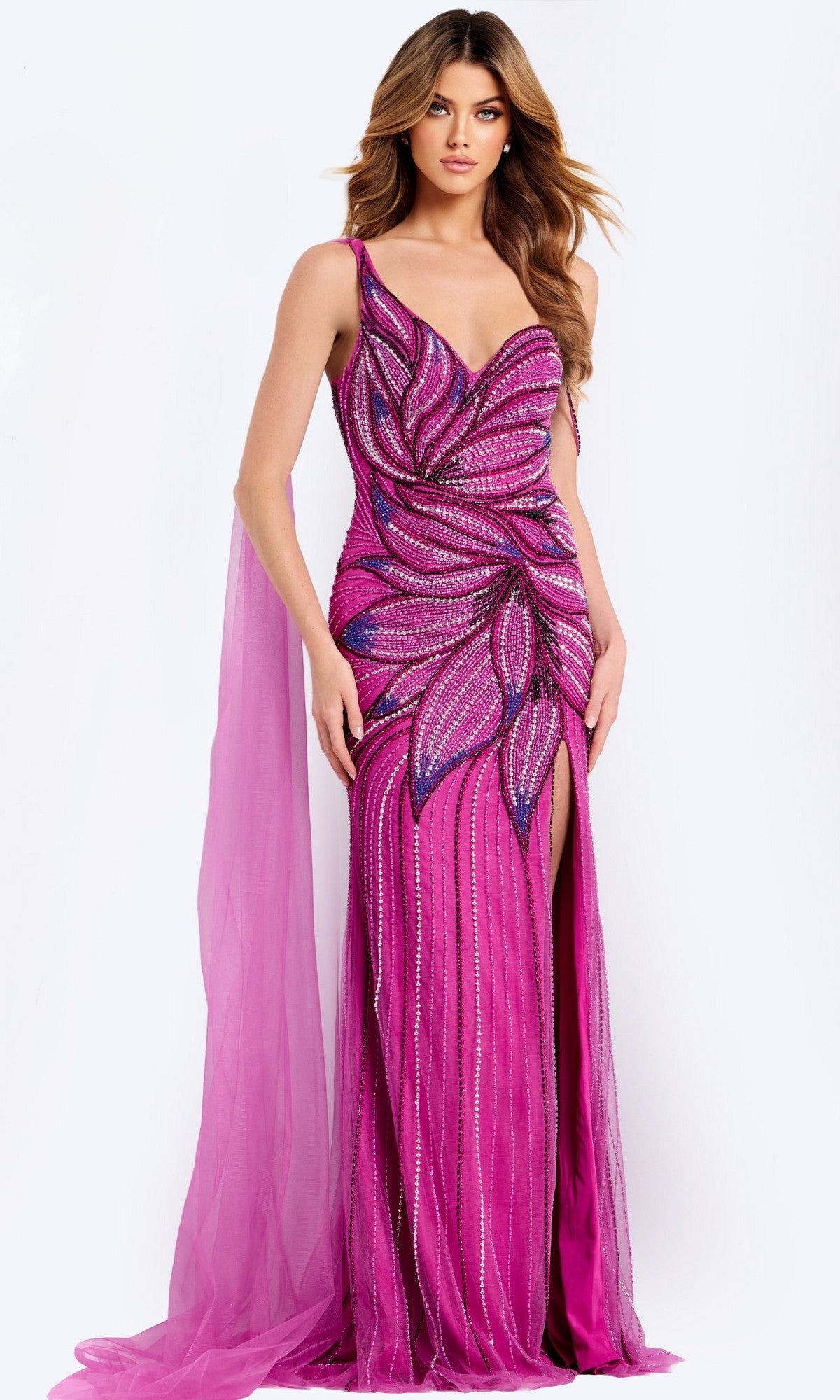 A woman stands wearing the Jovani 45876 long prom dress in lilac, featuring sparkling beadwork in a leaf pattern and a sheer lilac train draped from one shoulder.